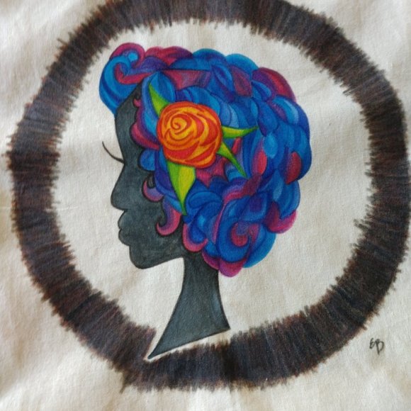 Painted Tote Bag with Retro Silhouett Woman With Blue Hair Artisan Handmade NWT - Picture 12 of 16